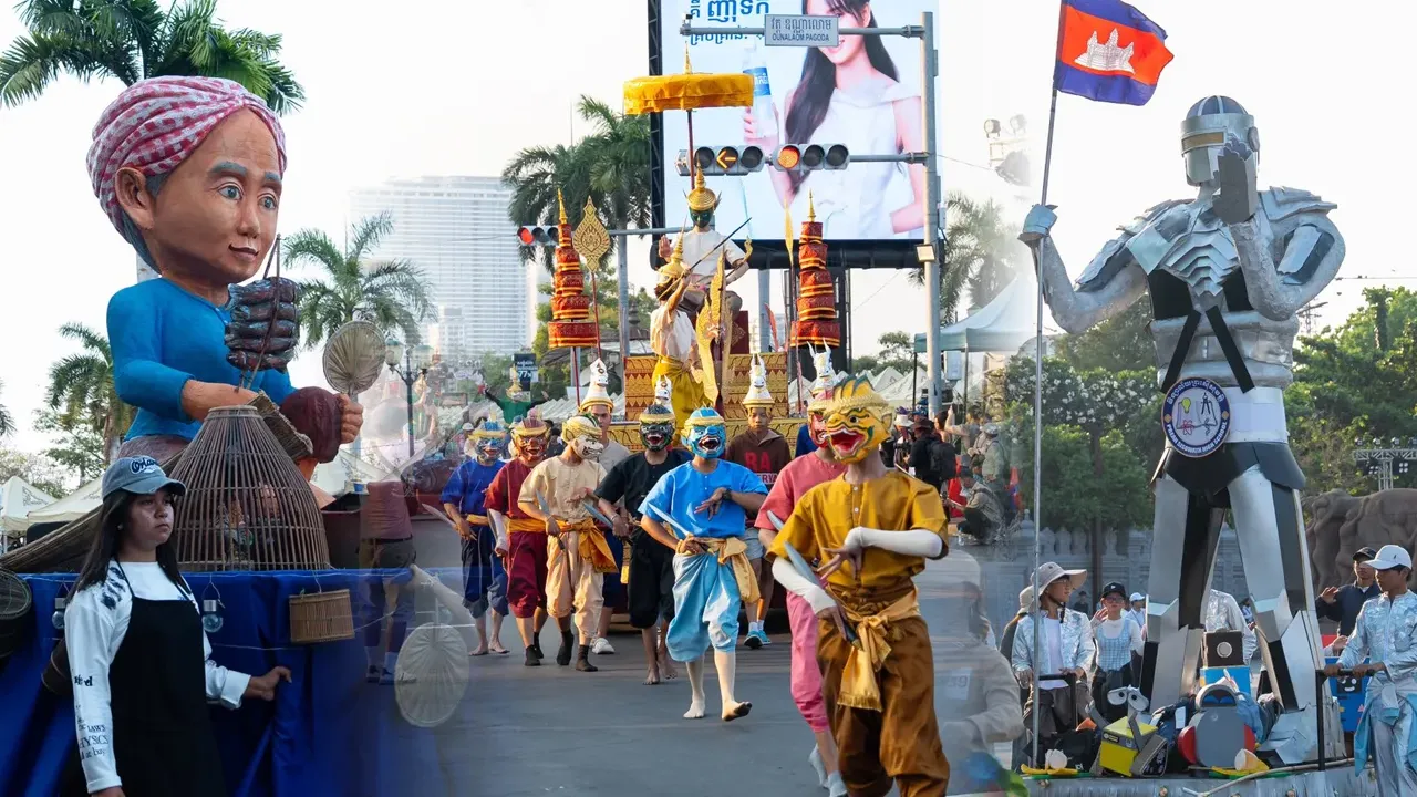 ទស្សនីយភាព​ការហាត់សមក្បួនដង្ហែនគរសង្រ្កាន្ត រួមទាំងការតុបតែងលម្អដ៏ប្រណិត​នៅផ្លូវថ្មើរជើងភ្នំពេញ