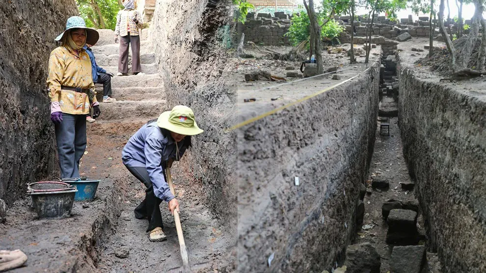 អាជ្ញាធរជាតិអប្សរា ធ្វើកំណាយជុំវិញកំពែងព្រះបរមរាជវាំងនៃក្រុងអង្គរធំ រកឃើញប្រព័ន្ធបង្ហូរទឹកបុរាណ