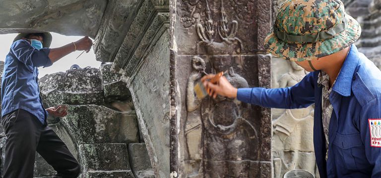 អ្នកជំនាញកំពុងព្យាបាលថ្មពុកផុយនៅបណ្ណាល័យខាងជើង នៃជាន់ទី២ប្រាសាទអង្គរវត្ត